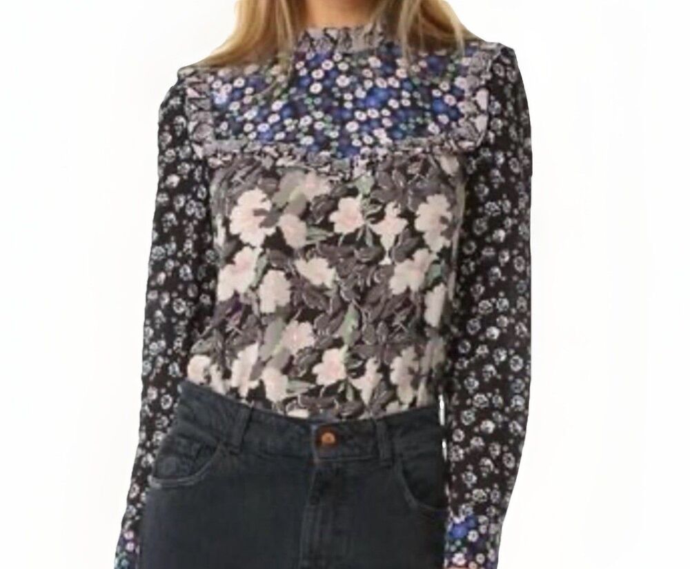 Rebecca Taylor Silk Ruffle Neck LS Women Sz XS Black Floral Button Back Top EUC